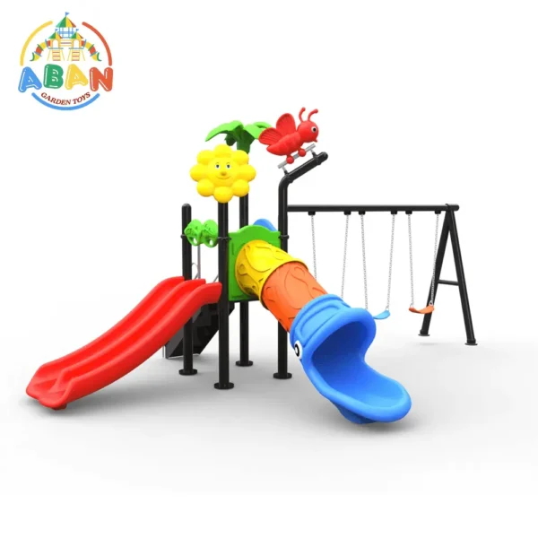 Colorful Outdoor Play Set with Double Straight Slides and Swings