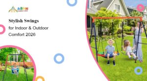 Two children enjoy Stylish Swings for Indoor & Outdoor in a vibrant backyard, surrounded by lush greenery and charming houses, promoting playful outdoor fun.