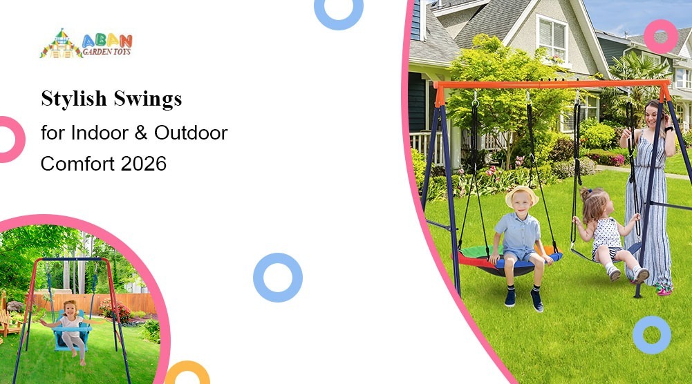 Two children enjoy Stylish Swings for Indoor & Outdoor in a vibrant backyard, surrounded by lush greenery and charming houses, promoting playful outdoor fun.